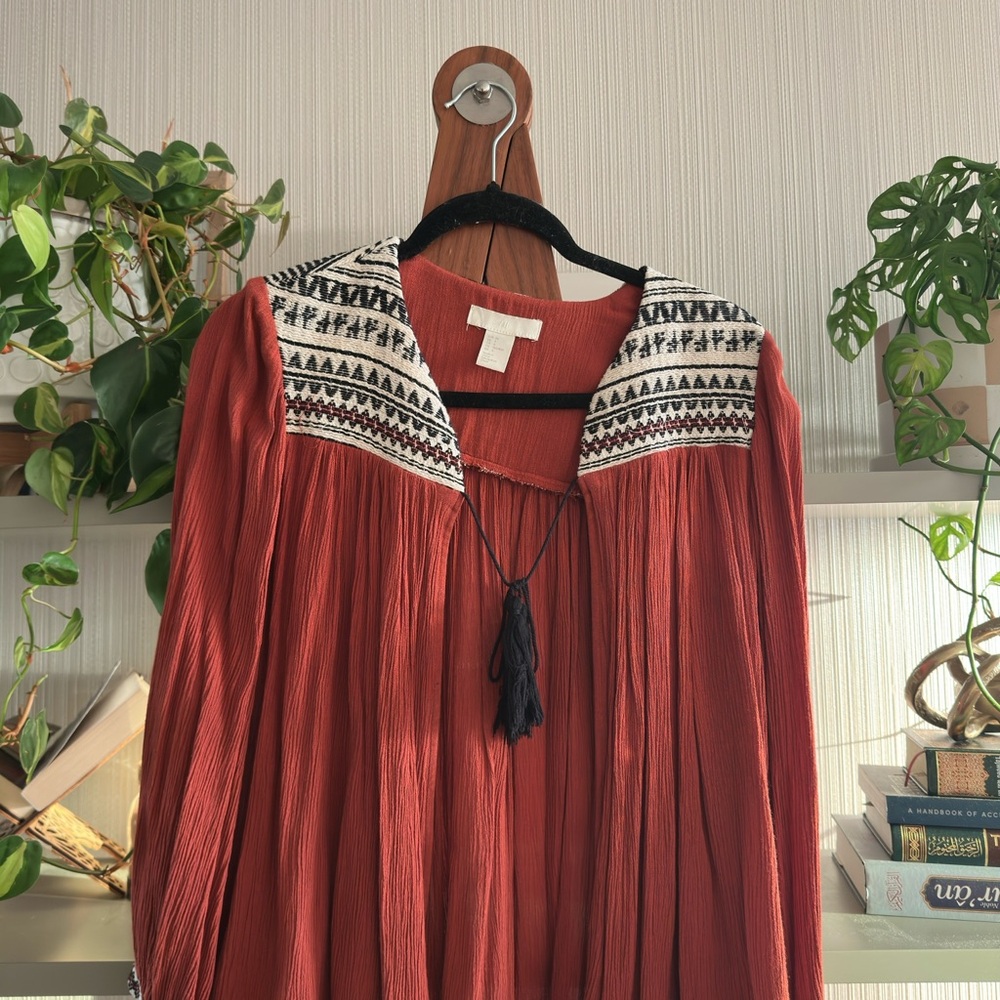 Rust Red Bohemian blouse with Embroidered Collar